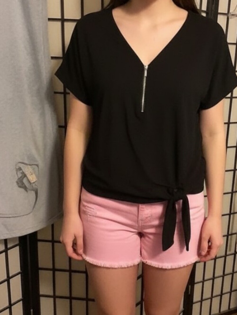 Black Short Sleeve V-Neck Tie-Hem Top with Zip Front Detail - Fits as Medium